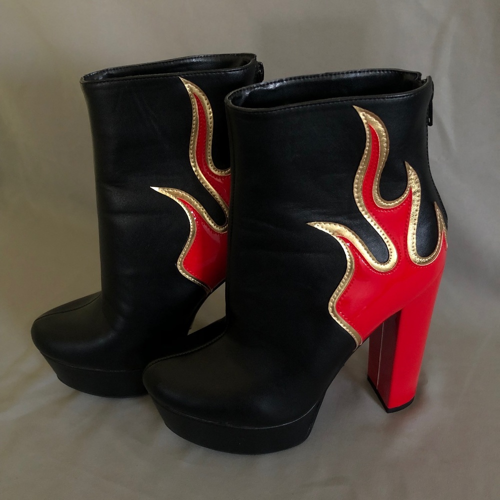 Black Platform Boots with Red Flames